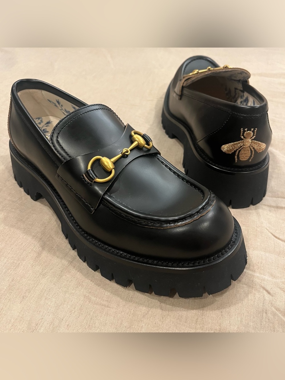 $1250 Gucci Harald Embroidered Lug-Sole Horsebit Leather Loafer, Size 41